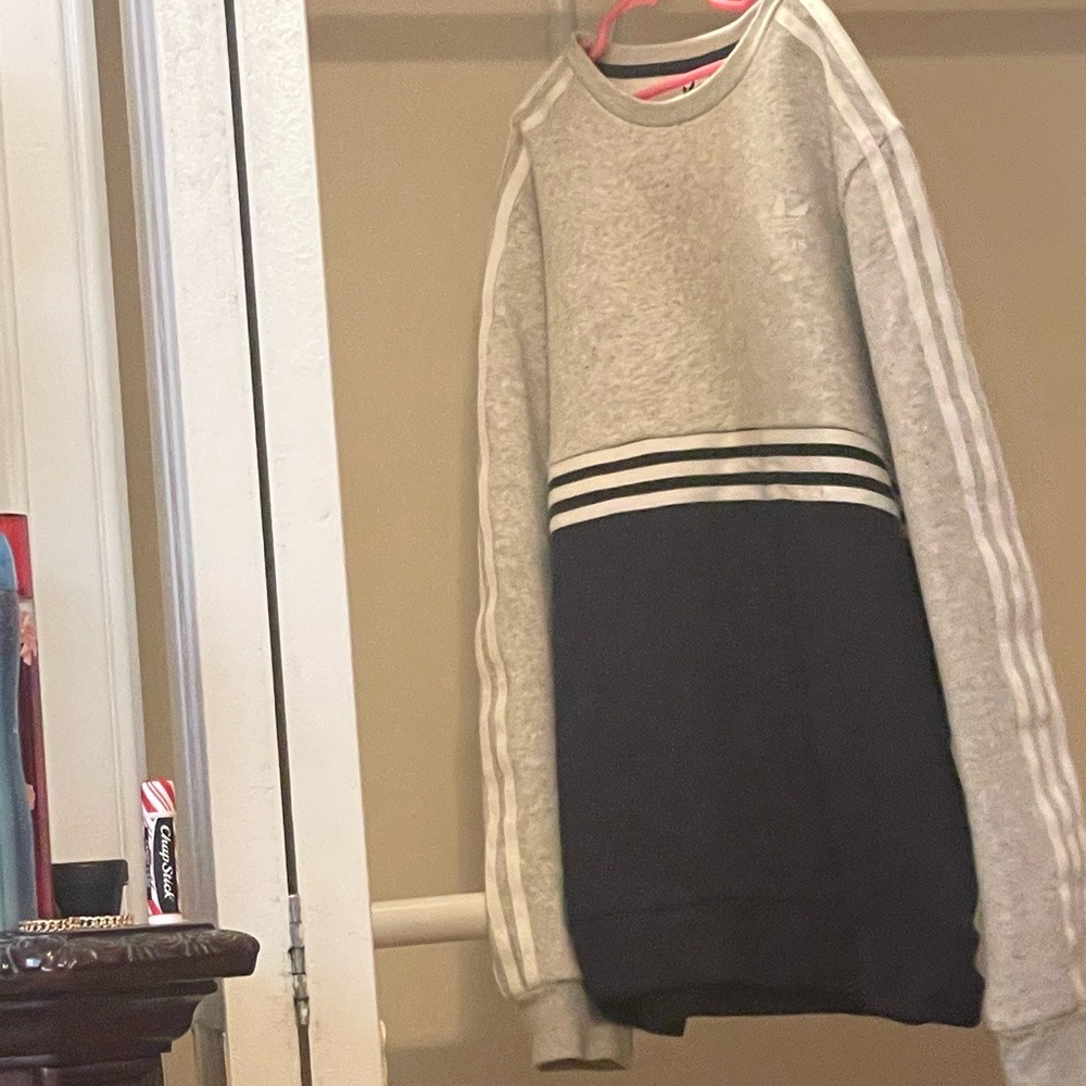 Adidas gray and blue striped sweater. Gentle used.